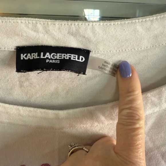 Karl Lagerfeld White Tee Black Stripes Logo Pink Sparkle Signature 100% Cotton - Picture 3 of 10